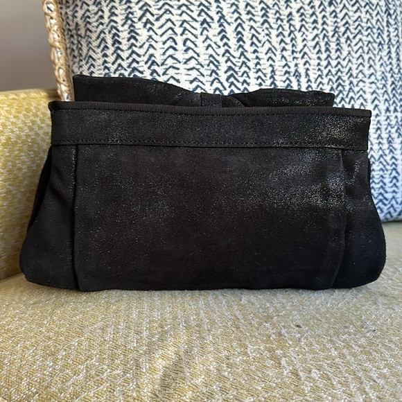 ANN TAYLOR Black Suede Metallic Bow Clutch with Removable Shoulder Chain